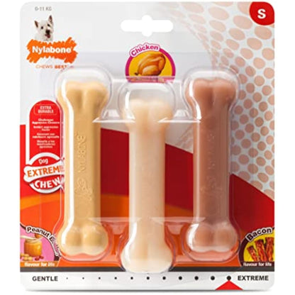 Nylabone Extreme Tough Dog Chew Toy Bones, Peanut Butter, Chicken, Bacon Flavoured, 3-Piece, Small, For Dogs Up To 11 kg