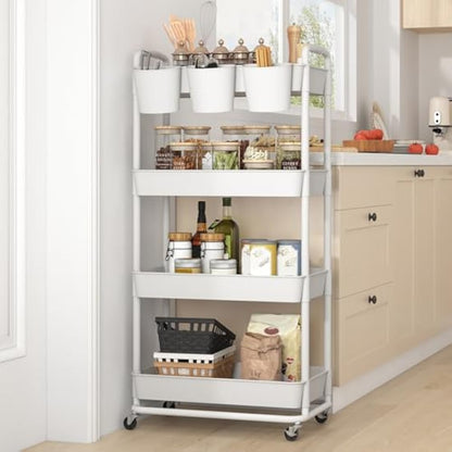 JIUYOTREE 4-Tier Plastic Rolling Storage Cart Utility Cart with Extra Hanging Cups Handles Lockable Wheels for Living Room Bathroom Kitchen Office White