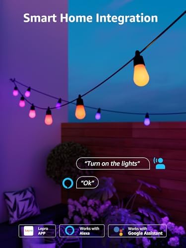 Lepro ZB1 AI Outdoor String Lights 15m, Smart Festoon Lights Outdoor Waterproof IP65, Warm White & RGB Colour Changing, AI Lighting Design Assistant, Works with Alexa, Bluetooth & 2.4G WiFi, No Remote