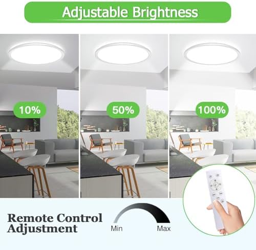 LQIKARL Led Ceiling Light 【2 Pack】 Dimmable Ceiling Light 3000K, 4000K, 6500K 10 Level Brightness Adjustment, 24W 3000Lm Flush Led Ceiling Lights with Remote Control for Bathroom Bedroom Kitchen