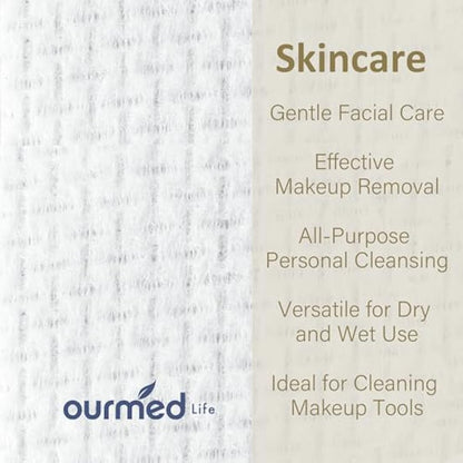 Ourmed Life Face Towels, Disposable Biodegradable Facial Towels for Sensitive Skin, Lint- Free Face Wipes for Washing Face, Skincare and Makeup Remover, Dry Wipes, 10"×12" Extra Large, 150 Count