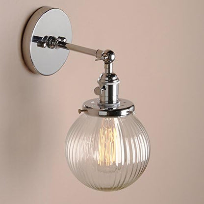 PathsOn 15cm Industrial Modern Vintage Retro Wall Lights, Loft Bar Kitchen Sconce Lights Lamp Fixture with Ribbed Globe Clear Glass Light Shade (Chrome)