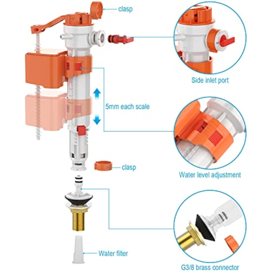 Ibergrif M20521 Toilet Cistern Bottom Side Fill Valve Adjustable Telescopic Urinal Flush Valves Parts M13-17 (3/8") Plastic & Brass Multi Color