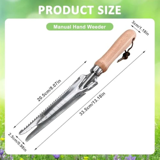 Garden Weeding Tools Multifunctional Manual Weeder Wooden Handle Weed Remover Tool,Stainless Steel Weeder with Measure, Dandelion Removal Tool Hand Weed Puller for Garden Yard Patio Lawn Transplant