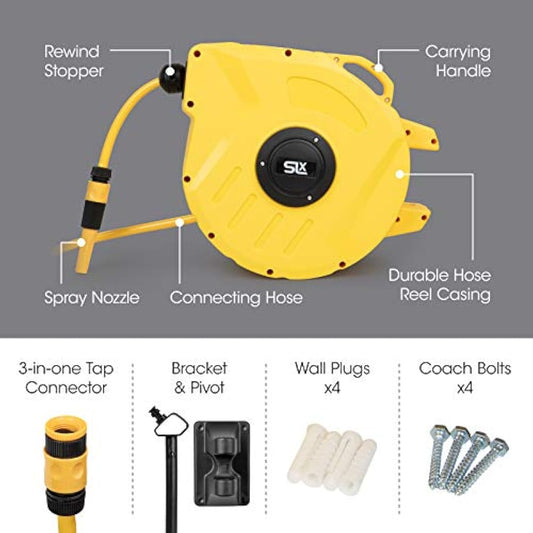 Garden Hose Pipe, 20M, Wall Mounted Hose Reel, Auto Retractable Hose Pipe, Portable 180° Swivel 2-in-1 Jet or Spray, Auto Locking System, Garden Hose Spray Gun