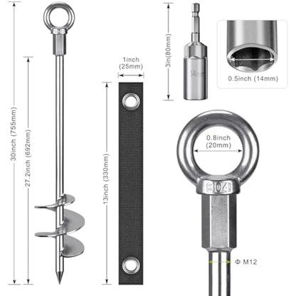 Insaga Tent Peg, Heavy Duty Ground Stake Metal Earth Anchor, 76cm Spiral Blade Screw in Trampolines Kit for Swing Kit/Camping/Shed/Dog/Carport with Fixed Loop Strap, 4 Pack