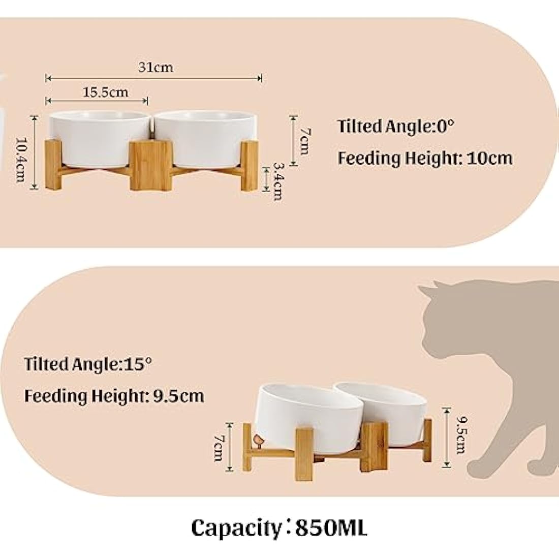 SPUNKYJUNKY 15° Slanted Ceramic Dog and Cat Bowl with Wooden Stand, Tilted Bulldog Food and Water Bowl No Slip Non-Spill for Cats Medium Dogs Flat Face Pets (850ml, White × 2)