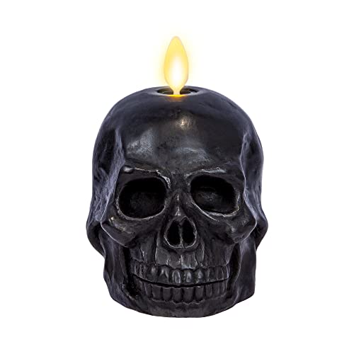 Luminara Flameless Single LED Moving Flame Small Skeleton Skull Figural (3.75" x 4.25") Real Wax LED Candle, Unscented, Timer - Black
