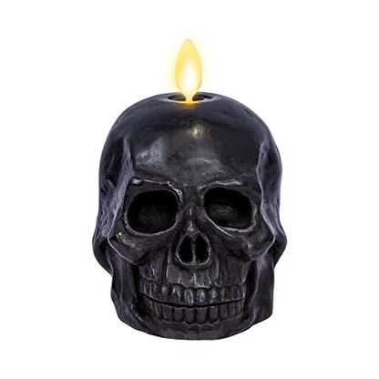 Luminara Flameless Single LED Moving Flame Small Skeleton Skull Figural (3.75" x 4.25") Real Wax LED Candle, Unscented, Timer - Black