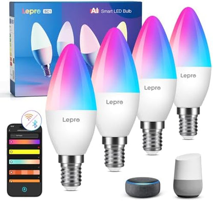 Lepro BC1 AI Smart Bulb E14, Music Sync WiFi Bulb, Voice Control, AI Lighting Design Assistant, Bluetooth Color Changing Light Bulb, RGBCCT Candle Bulb, Work with Alexa & Google Assistant, 4 Packs