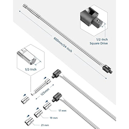 MAXPOWER 24 inch 1/2'' Drive Breaker Bar with Socket Set, 600mm Breaker Bar with 125mm Extension Bar and 17mm, 19mm, 21mm Socket