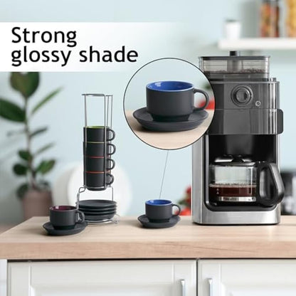 MIAMIO - 75 ml Espresso Cup Set with Saucers Coffee Mug Set of 6 - Ceramic Coffee Mug Stackable Espresso Mug with Stand for Coffee Drinks, Latte, Cafe Mocha - Le Papillon Collection (Mixed)