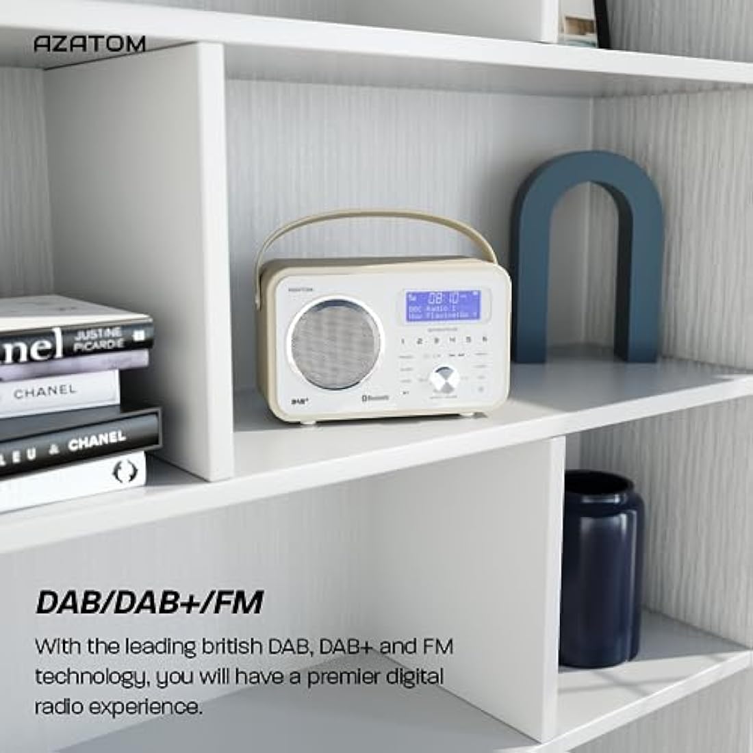 DAB/DAB+ & FM Portable Digital Radio | Leather Design | Bluetooth | Rechargeable Battery | Dual Alarms & Sleep Timer | Perfect for Home, Office or Outdoors | AZATOM Spitalfields 2 (White)