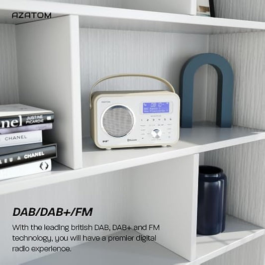 DAB/DAB+ & FM Portable Digital Radio | Leather Design | Bluetooth | Rechargeable Battery | Dual Alarms & Sleep Timer | Perfect for Home, Office or Outdoors | AZATOM Spitalfields 2 (White)