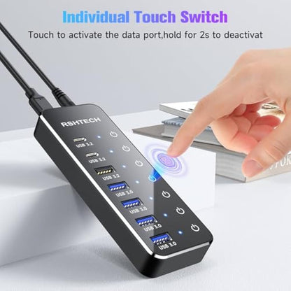 RSHTECH Powered USB Hub 3.1/3.2 Gen2, 7-Port USBC Hub with 4 USB 3.0, 10Gbps USB-A & 2 USB-C Data Ports, Aluminum USB3.2 Splitter for Laptops, PC and More (Upgraded Version, RSH-ST07C)