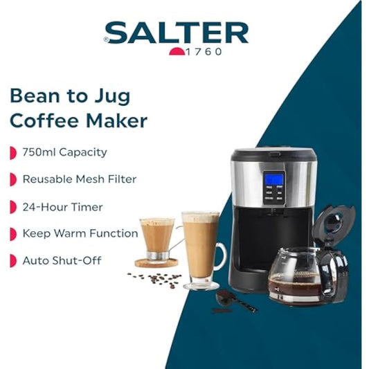 Salter EK4368 Bean to Jug Coffee Machine – Electric Coffee Grinder, 750ml Filter Coffee Maker with Reusable Filter, Digital Display with Programmable Timer, Keep Warm and Auto-Shut Off Function, Black