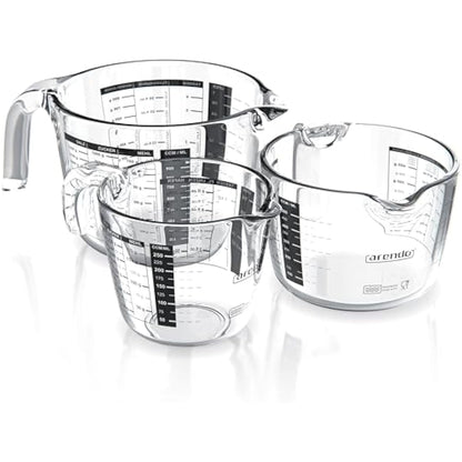 Arendo Set of Glass Measuring jugs, 250ml, 500ml, 1000ml (0.2l 0.5l 1l), Glass Measuring Cup, Transparent Borosilicate - Measuring jug, Accurate Scales, Microwave Safe