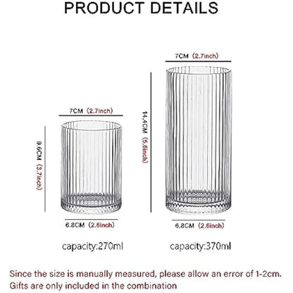 INSETLAN 370ml Drinking Glasses Set of 4,Vintage Ribbed Cup Glassware,Origami Style Transparent Cocktail Glasses Set, Bar Beverages Iced Coffee Cup Juice Ripple (L-370ML)
