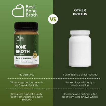 Best Bone Broth Premium Beef Bone Broth Concentrate Garlic & Herb Flavour - 100% Sourced from Grass Fed, Pasture-Raised Cattle - Bone Broth Protein and Collagen - Bone Broth Soup - 375g (37 Servings)