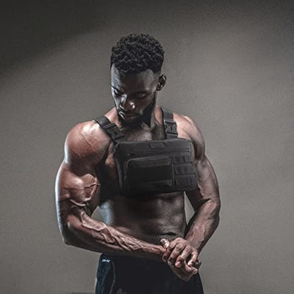 Fitdom Tactical Inspired Sports Utility Chest Pack. Chest Bag for Men with Built-in Phone Holder. This EDC Rig Pouch Vest is Perfect for Workouts, Cycling & Hiking, Black, S, Rig Fit