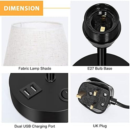 LIANTRAL Modern Bedside Lamps Set of 2, Small Desk Lamp with USB Charging Ports, Linen Fabric Shades & Metal Frame, Table Lamp for Bedroom, Living Room, Office - Creamy/Black