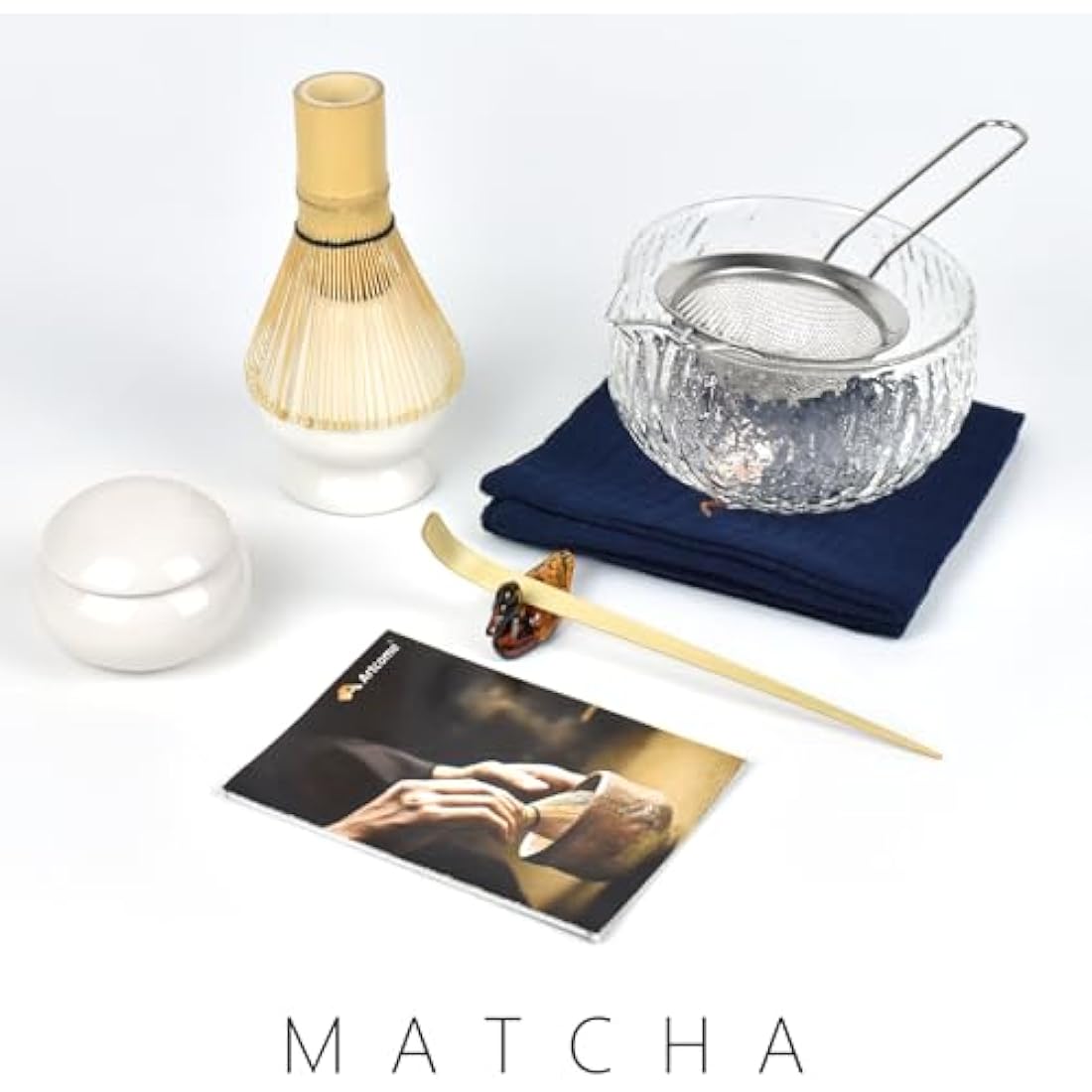 Artcome 9 Pcs Japanese Matcha Tea Set, Matcha Bowl with Pouring Spout, Matcha Whisk, Tea Scoop, Whisk Holder, Matcha Powder Caddy, Handmade Matcha Ceremony Kit For Japanese Tea Ceremony (White)