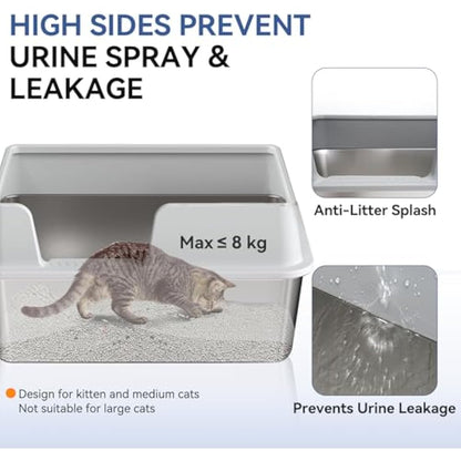 XXL Stainless Steel Cat Litter Tray - High Rim Open Box with Metal Scoop, Easy to Clean