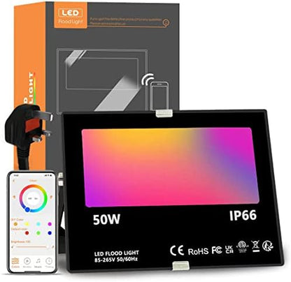 Bhochy LED Floodlight Outdoor 500W Equivalent, Smart RGB Flood Lights with APP, Colour Changing- Timing - Scene - IP66 Waterproof, UK Plug, 1 Pack