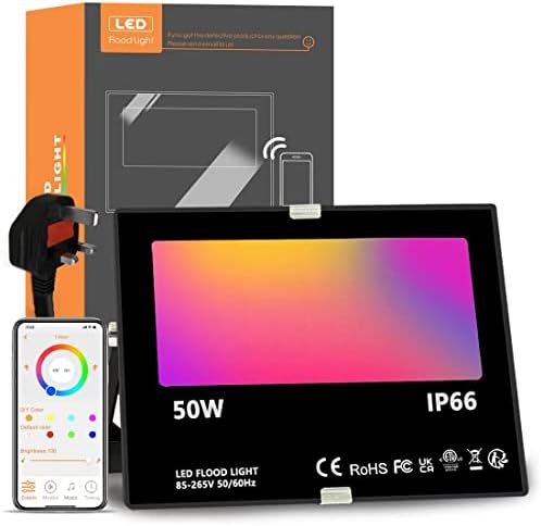 Bhochy LED Floodlight Outdoor 500W Equivalent, Smart RGB Flood Lights with APP, Colour Changing- Timing - Scene - IP66 Waterproof, UK Plug, 1 Pack