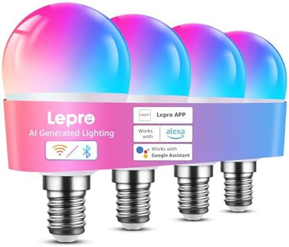 Lepro BP1 AI Smart Bulb E14, Music Sync Small Edison Screw Bulb, Voice Control, 4.9W 470LM Bluetooth & WiFi Bulb, LLM AI Lighting Design Assistant, Work with Alexa & Google Assistant, 4 Packs