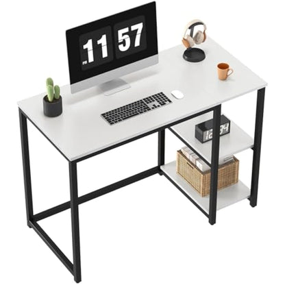 WOHOMO Computer Desk with 2-Tier Shelves 100cm Small Home Office Desk with Large Storage Space Sturdy Modern Gaming Desk for Bedroom Study Writing Laptop Table, White