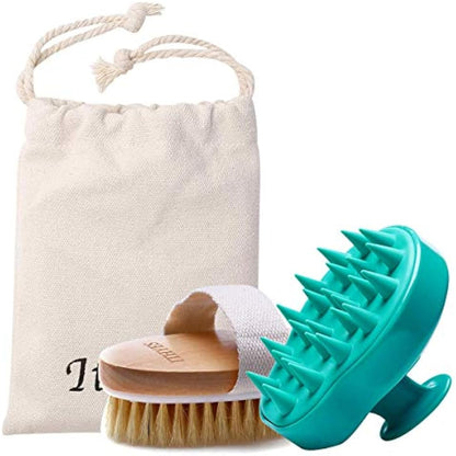 Shampoo Brush Bath Brush Kit Pack 2 of Hair Brush Silicon Scalp Massager and Dry Skin Body Brush Exfoliate Improve Blood Circulation for Daily Use or Gift