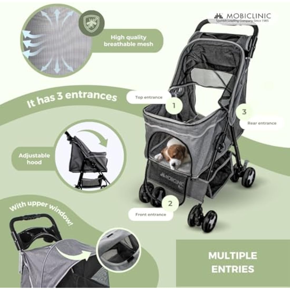 Mobiclinic® Pets Foldable Dog Pram, Up to 15 kg, Ideal for Small Dogs, Pet Stroller, Zuma, Wheels with 360° Brakes, XXL Basket, 3 Windows with Zip and Mosquito Net, Cup Holder