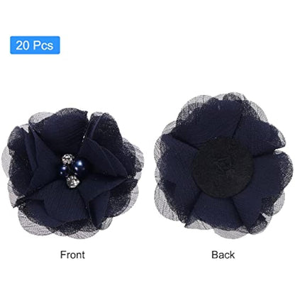 sourcing map Artificial Rhinestone Chiffon Flower Heads, Dark Blue Faux Flowers 2 Inch for DIY Craft Wedding and Party Decoration Pack of 20