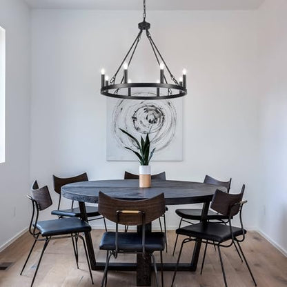 ASHUAQI Wagon Wheel Chandelier, 8-Light Black Chandelier Ceiling Lights Living Room, Rustic Modern Farmhouse Chandeliers Ceiling Light for Dining Room, Kitchen, Hallway, Bedroom, Hall