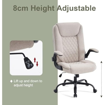 CASTLOVE Ergonomic Office Chair Computer Chair Executive Office Chair with Flip Up Armrest High Back Rocking Function Height Adjustable Comfortable Desk Chair for Home Office Fabric Cream