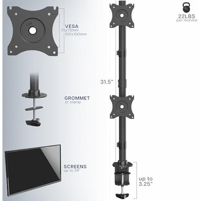 VIVO Dual Monitor Desk Mount Stand with Height Adjustment and VESA Plates for 2 LCD Ultrawide Screens up to 34 inches, Stacked Array, STAND-V002R