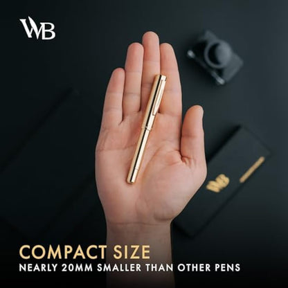 Wordsworth and Black Fountain Pen Mini EDC: Luxury Gold Heavy Pocket Pen, Gold Finish, Medium Nib, 6 Ink Cartridges, Ink Converter, Travel Refillable Writing Pen Gift Set, Men & Women