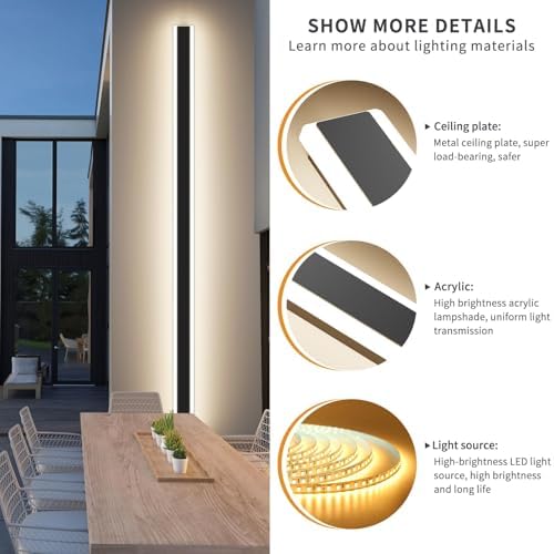 Mikeru 180CM 3000K-Warm White Outside Wall Lights, 60W Garden Outdoor LED Strip Light with Mains Power IP65 Wall Mounted Black Wall Lighting Fixtures for Hallway, Porch, Balcony