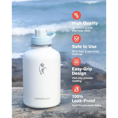 Coolflask 2L Water Bottle Stainless Steel with PU Leather Sleeve, Insulated Water Bottles Color Contrast with Straw Lids, Half Gallon Metal Water Bottle, Keep Cold 48h Hot 24h, Glacier White