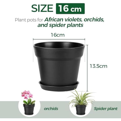 T4U Plastic Plant Pots 6-Pack, Flower Pot with Drainage Hole and Saucer, Classic Indoor Outdoor Plant Pots for Succulent, Snake Plant, Aloe Vera and All House Plants (16CM Opening Diameter, Black)
