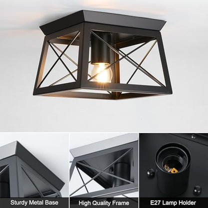 FORCOSO Black Ceiling Light Fixtures - E27 Industrial Flush Mount Ceiling Light 1-Light LED Square Metal Vintage Ceiling Lamp for Hallway Entryway Bedroom Living Room Kitchen - NO Bulb