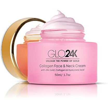 GLO24K Collagen Face & Neck Cream with 24k Gold, Collagen & Hyaluronic Acid. Boost your Skin’s Collagen Levels for a Radiant, Glowing Skin.