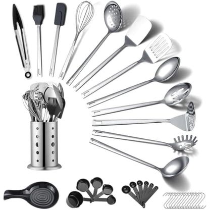 ReaNea Stainless Steel Kitchen Utensils Set 40 Pieces, Cooking Utensil Set with Utensils Holder, Kitchen Gadgets Kitchen Essentials New Home, House, Appartment Must Have, Metal Spatula Set