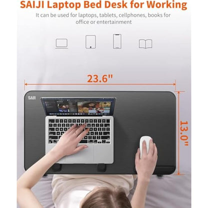 Desk, Table, SAIJI Adjustable Laptop Stand, Breafast Tray, 5 Heights, 4 angles, Stable folding Table for Bed Sofa Desk, Fit up to 17'' Laptop (60 * 33cm Black)