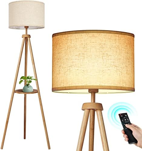 OUTON Solid Wooden Tripod Floor Lamp, Bulb Included, Standing Lamp with Remote Control, Dimmable & 4 Color Temperatures, 1H Timer, Floor Lamp with Storage Shelf Linen Shade for Living Room Bedroom
