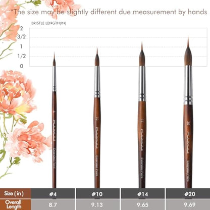 Fuumuui Professional Watercolour Brushes 4Pcs with Patented Design, Extended Needle Point Synthetic Long Pinhead, Kolinsky Sable Body for Fine Detailing - Watercolour Acrylic Gouache Inks Painting
