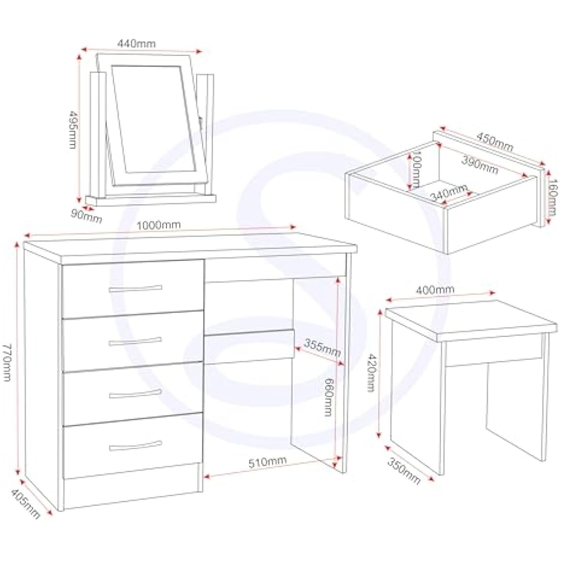 Seconique Nevada Dressing Table Set in Grey Gloss/Light Oak Effect Veneer