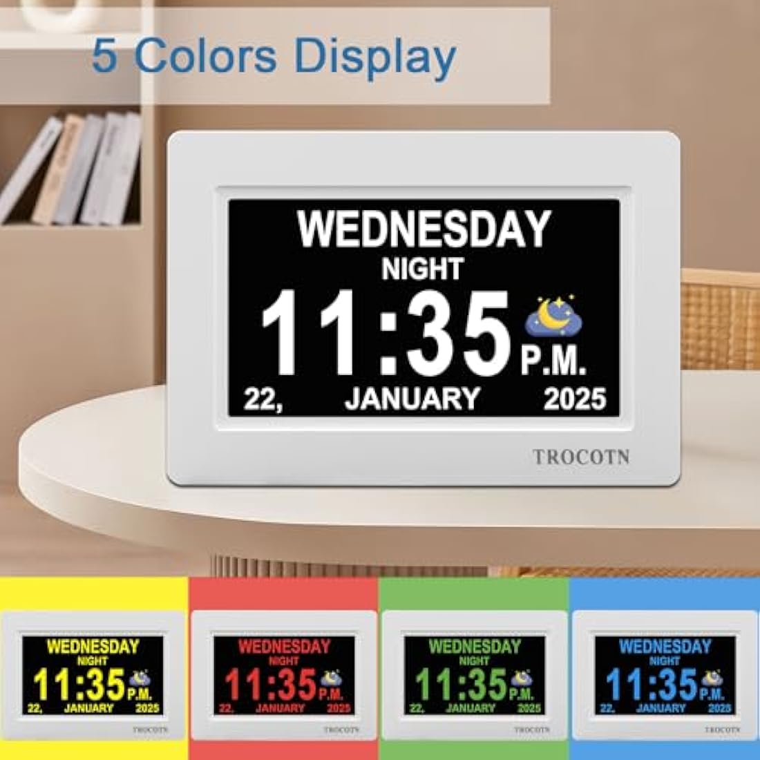 TROCOTN dementia clock, digital clock with date and day for elderly, day date large display calendar (7 Inches White)