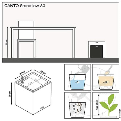 Lechuza Self Watering Plant Pot CANTO Stone 30 Low Plastic Indoor and Outdoor Plant Pot with Drainage Hole H30 L30 W30 cm Stone Grey